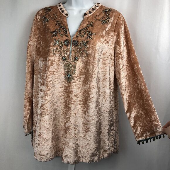 Soft Surroundings Moroccan Beaded Tunic Top Crushed Velvet Blush Pink Petite Med - Picture 9 of 13